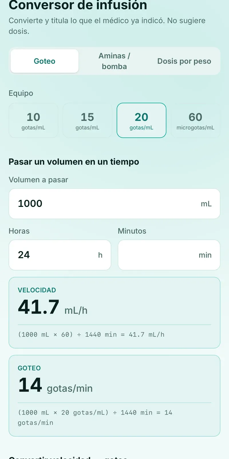 Conversor de infusión de AMIA Enfermería: 1000 mL en 8 horas resueltos a 125 mL/h y 42 gotas por minuto, con la fórmula a la vista.