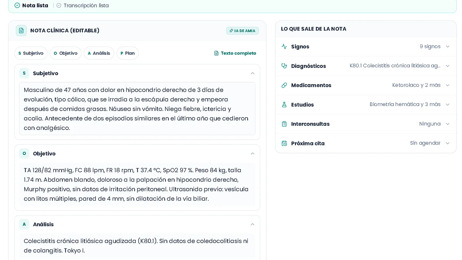 Nota SOAP en AMIA Médico con el diagnóstico CIE-10, los medicamentos y los estudios detectados.